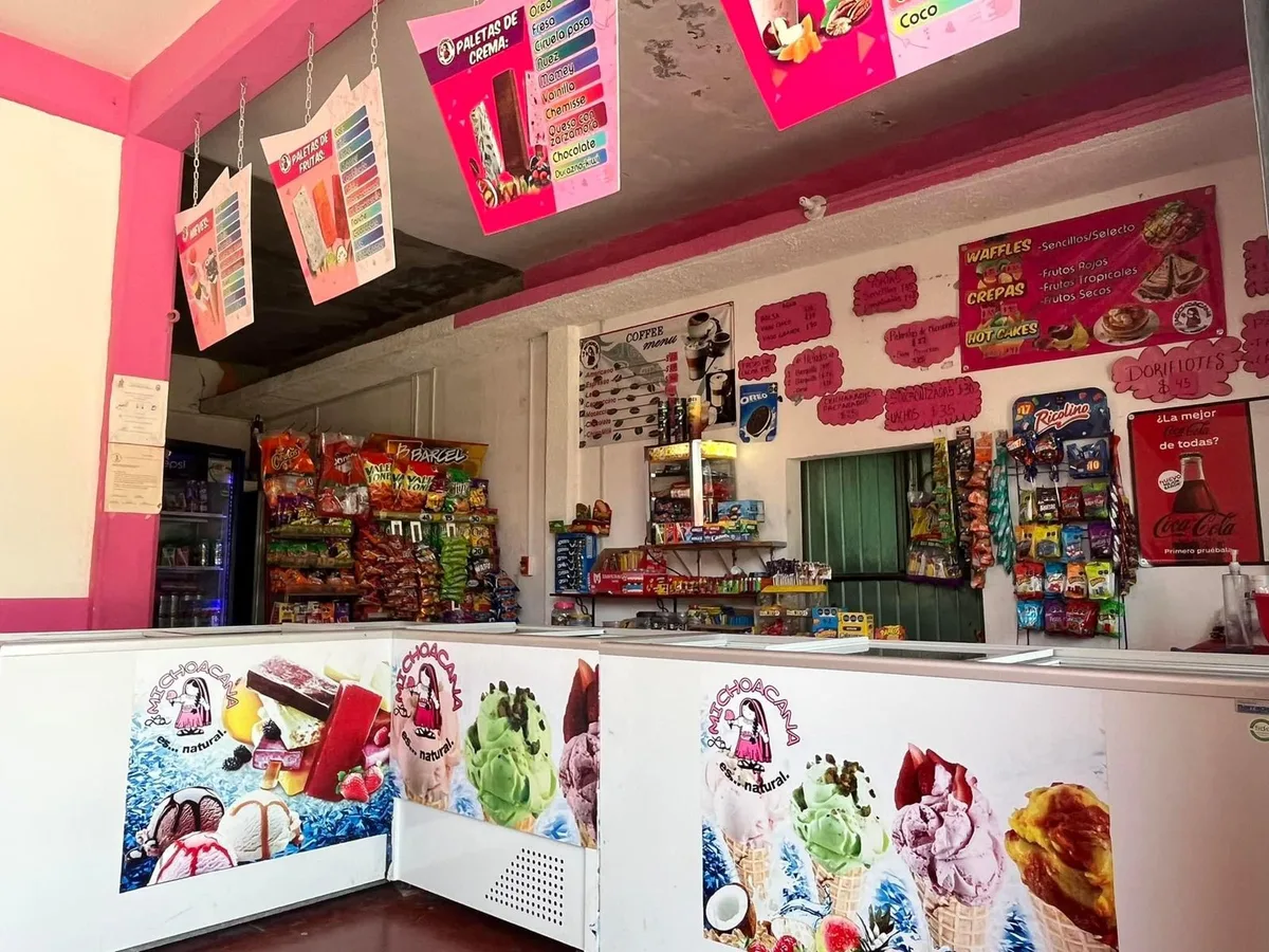 Interior de Helados y Paletería La Michoacana San Dionisio del Mar Oaxaca — congeladores con paletas artesanales y menú completo del Istmo de Tehuantepec